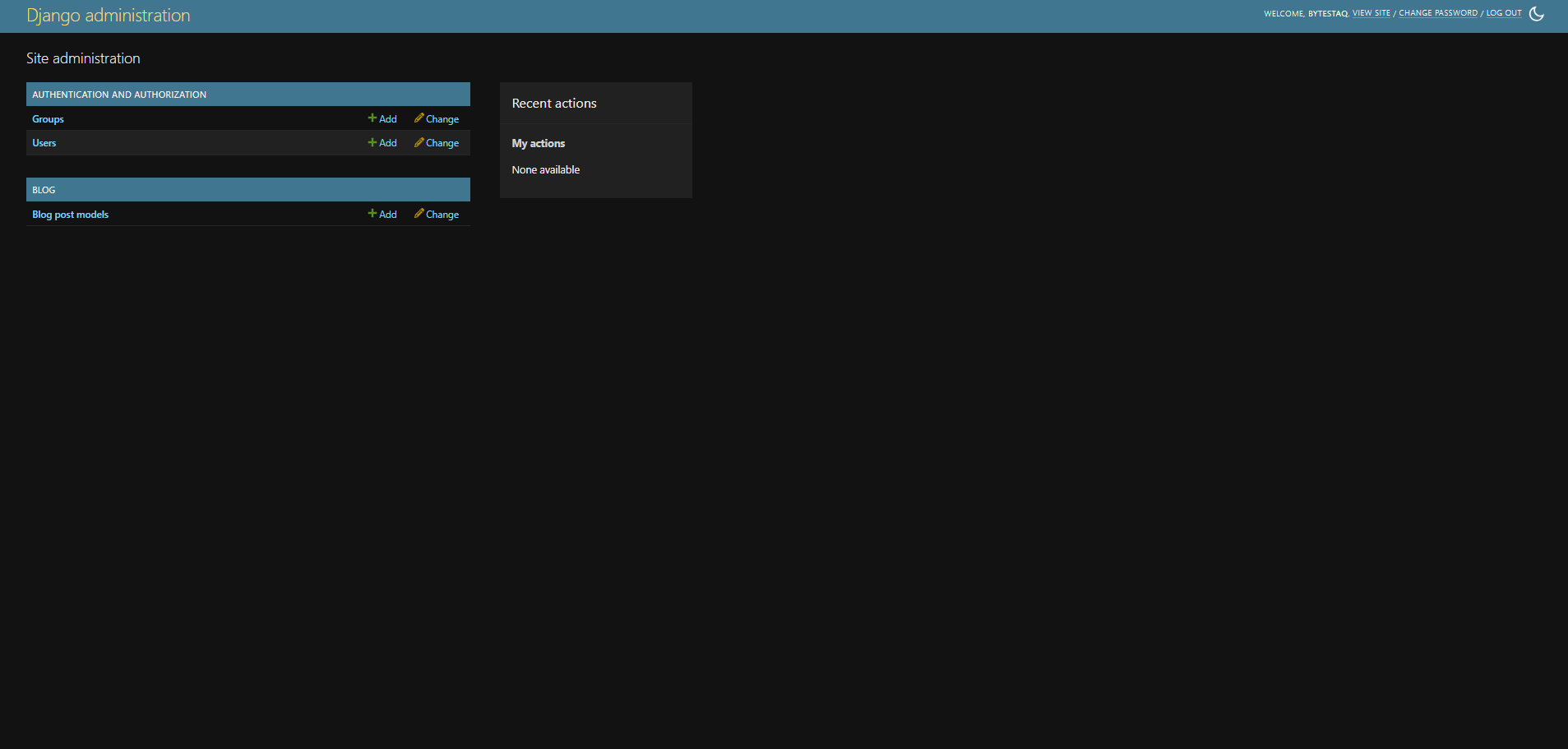 Django's admin panel index with the blog app showing