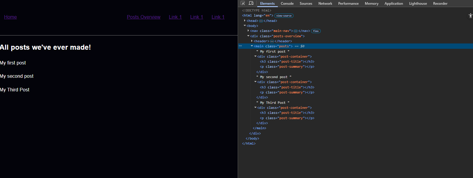 Third of the posts_overview view showing the looped result rendered and as HTML in dev tools